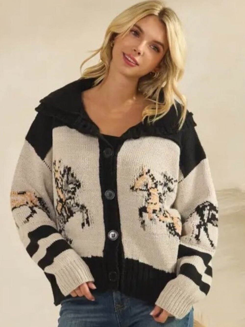 NWOT Veveret Horse Cardigan Black & Tan Size Medium